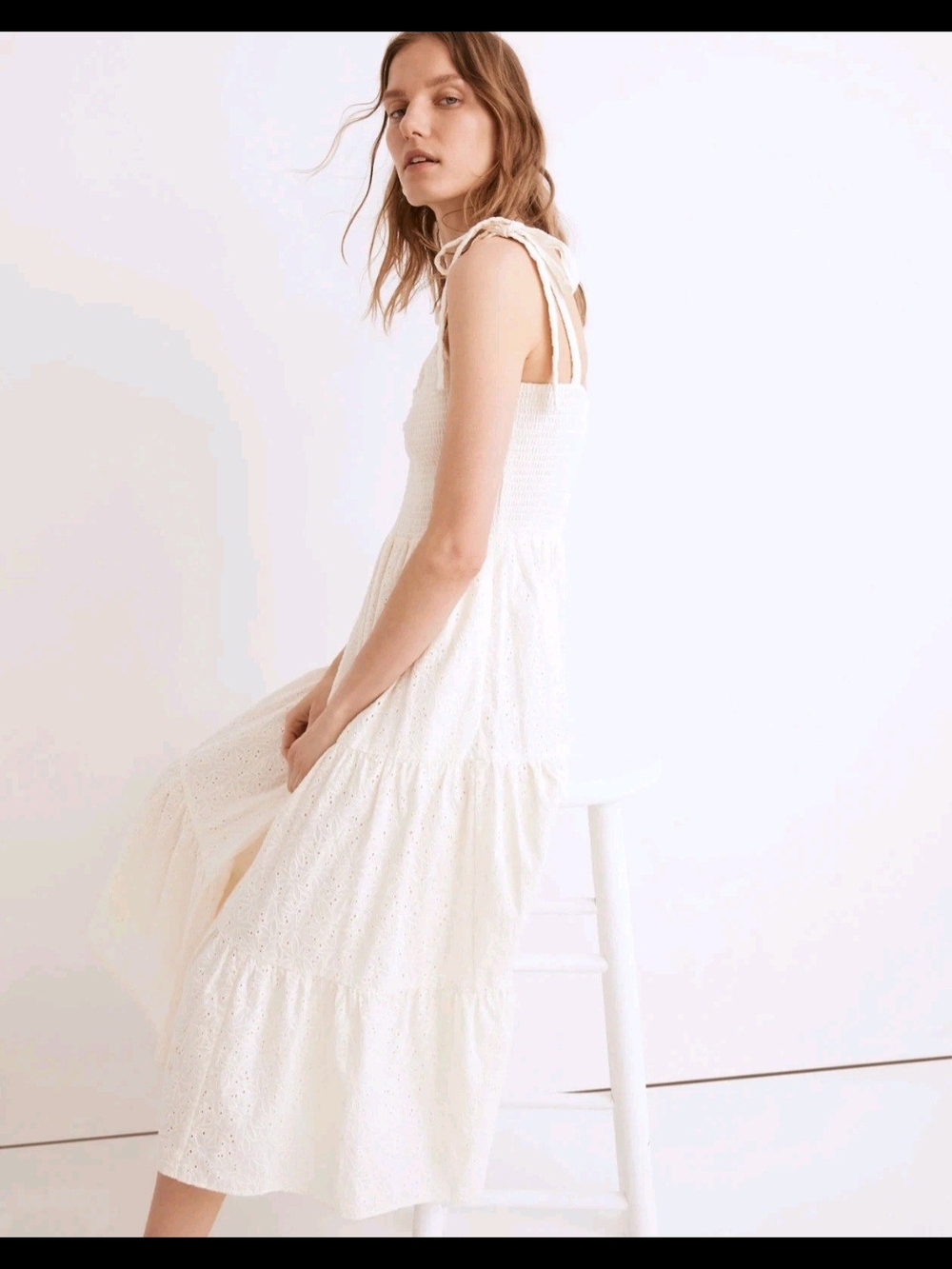 MADEWELL Eyelet Lucie Tie-Strap Tiered Midi Dress Off White Sz S Cotton Dress - Picture 4 of 4